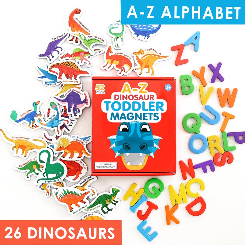 Curious Columbus Dinosaur Toddler Magnets for Refrigerator | Set of 52 Kids Fridge Magnets with 26 Magnetic Letters from A-Z and 26 Magnetic Dinosaurs | Large Paper Dino Poster Included - Image 3